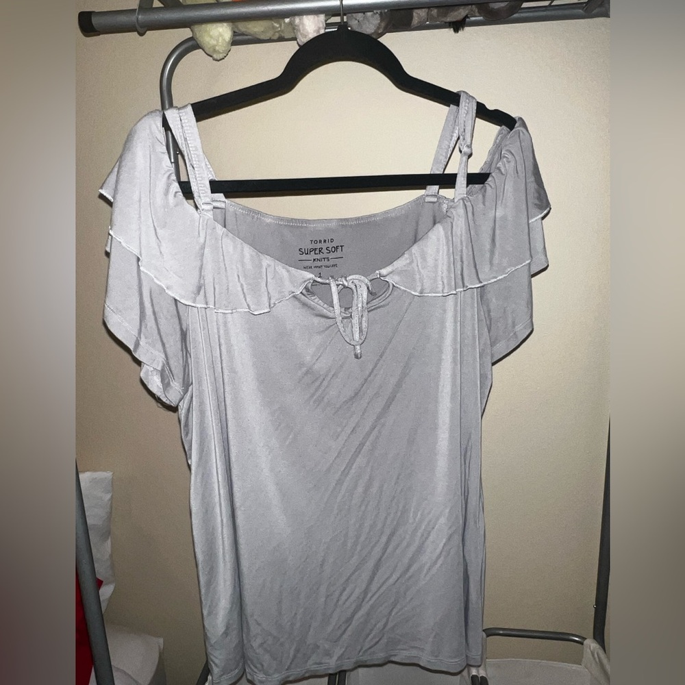 Blue/gray off the shoulder with straps.